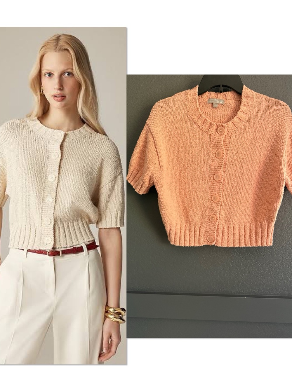 J.CREW • Marina crewneck cardigan in textured cotton blend coral Small